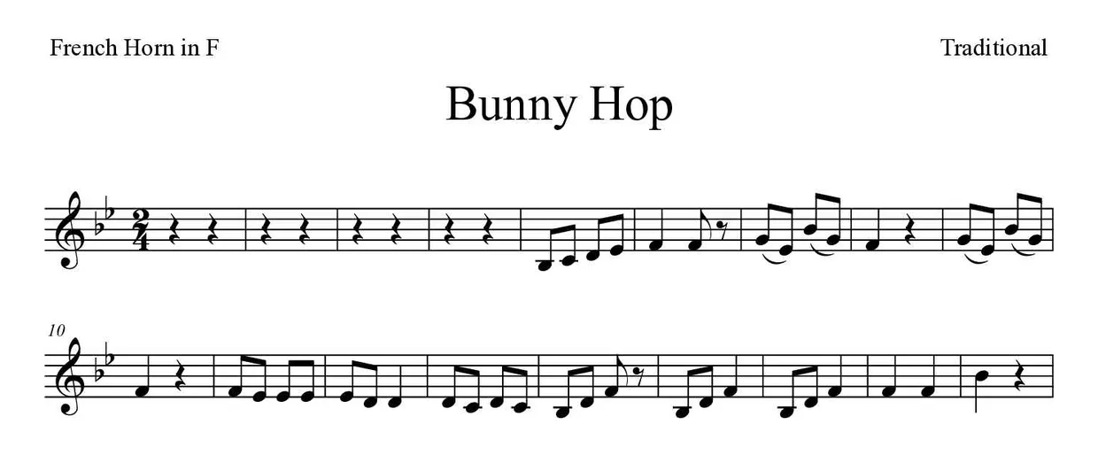 Spartito di Bunny Hop per French horn, prime righe