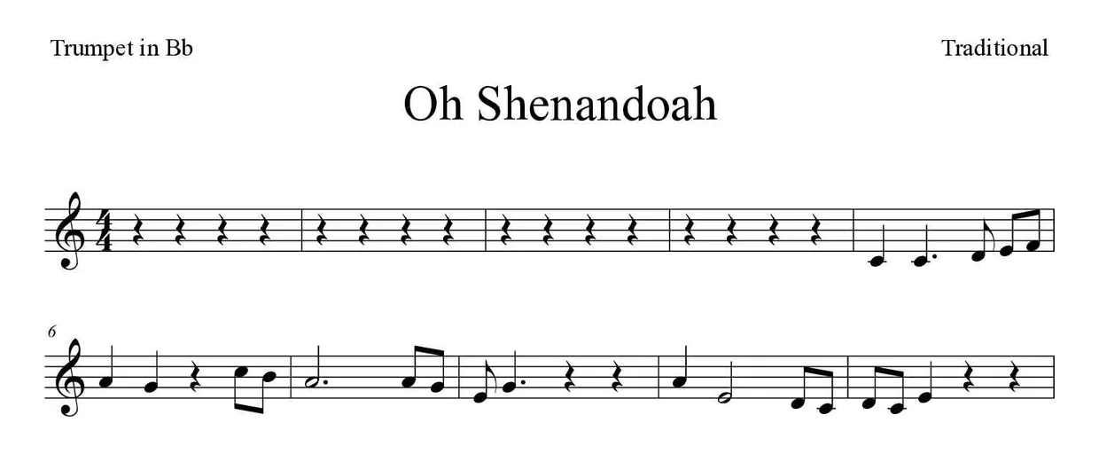 「Oh Shenandoah」Trumpet in Bb用楽譜の最初の数段