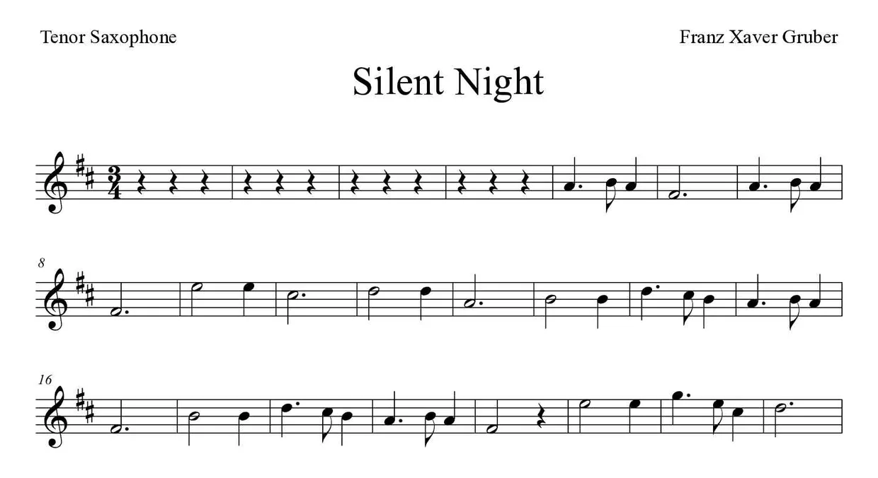 「Silent Night」Tenor Saxophone用楽譜の最初の数段