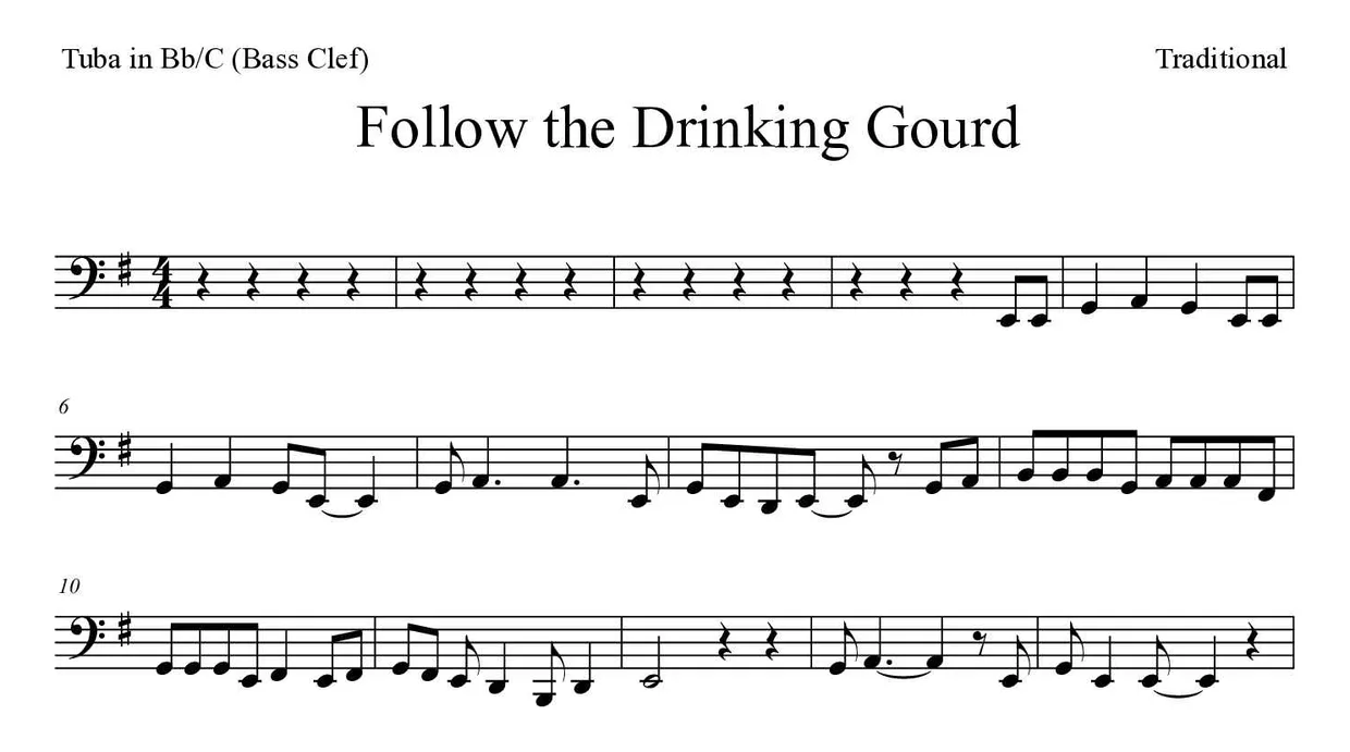「Follow the Drinking Gourd」Tuba in Bb/C (Bass Clef)用楽譜の最初の数段
