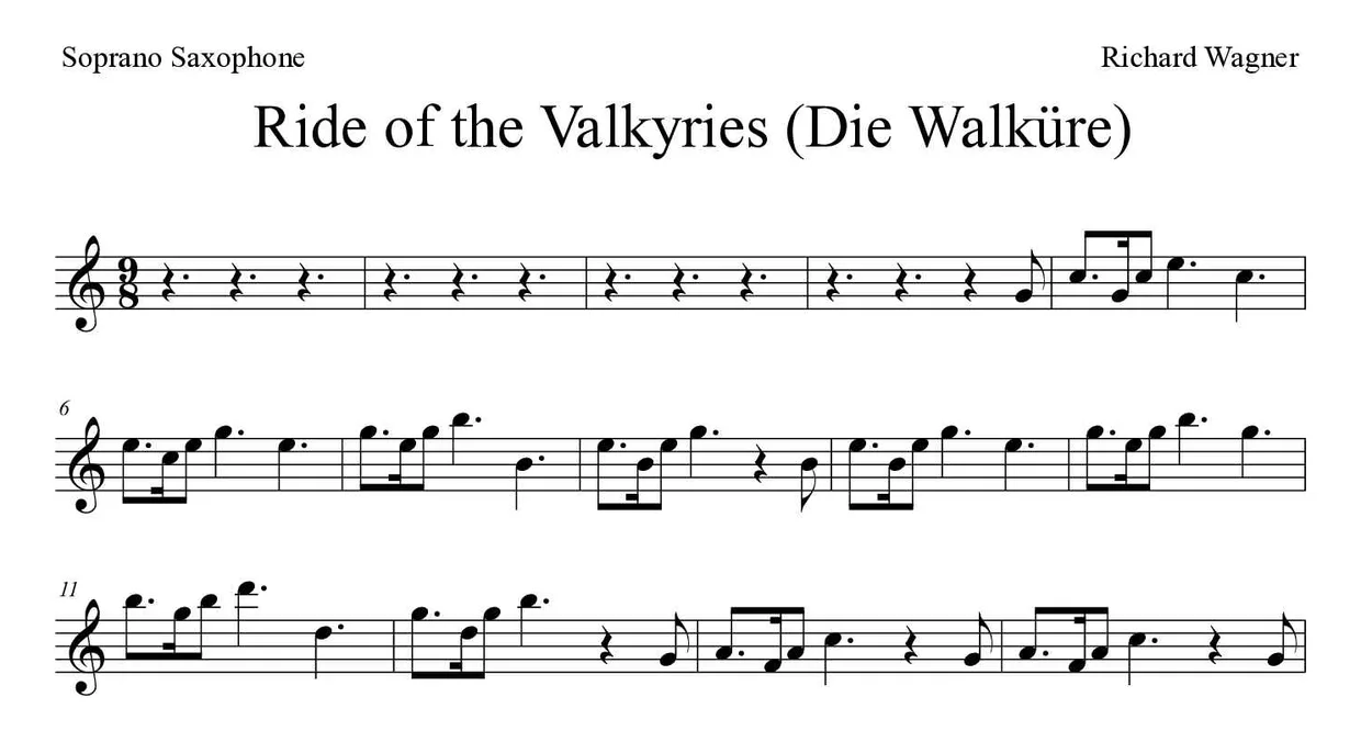 Sheet music of Ride of the Valkyries (Die Walküre) for soprano saxophone (Expert), first lines