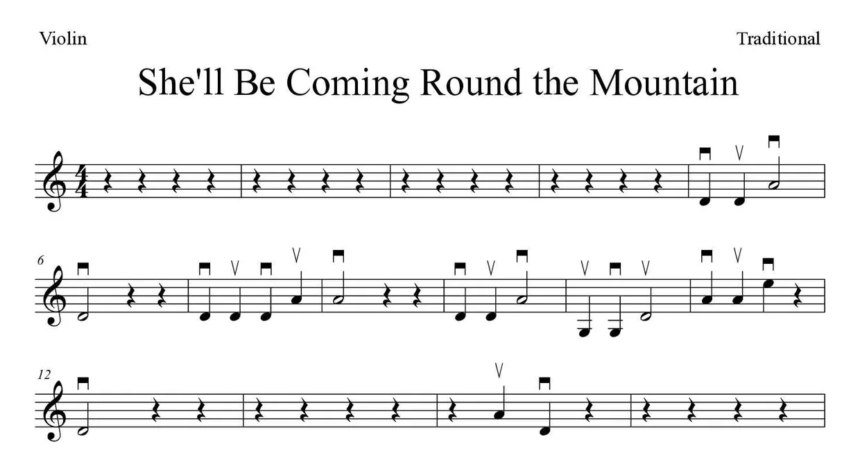 Spartito di She'll Be Coming Round the Mountain per violin, prime righe