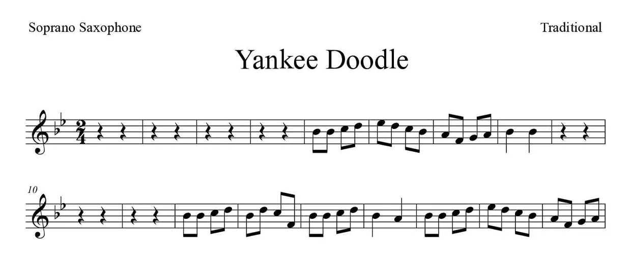 「Yankee Doodle」Soprano Saxophone用楽譜の最初の数段