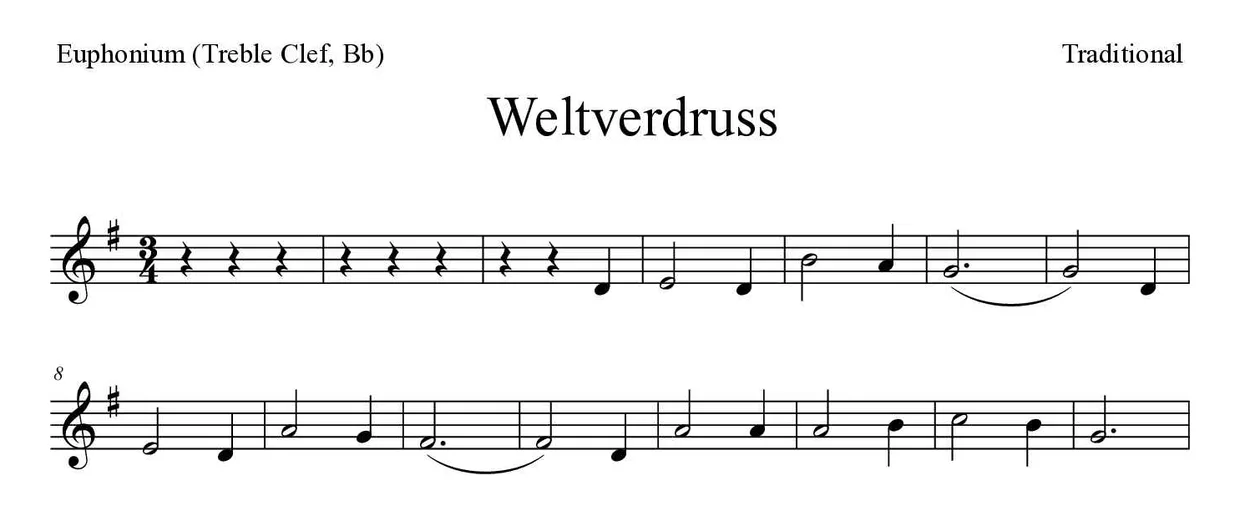 「Weltverdruss」Euphonium (Treble Clef, Bb)用楽譜の最初の数段