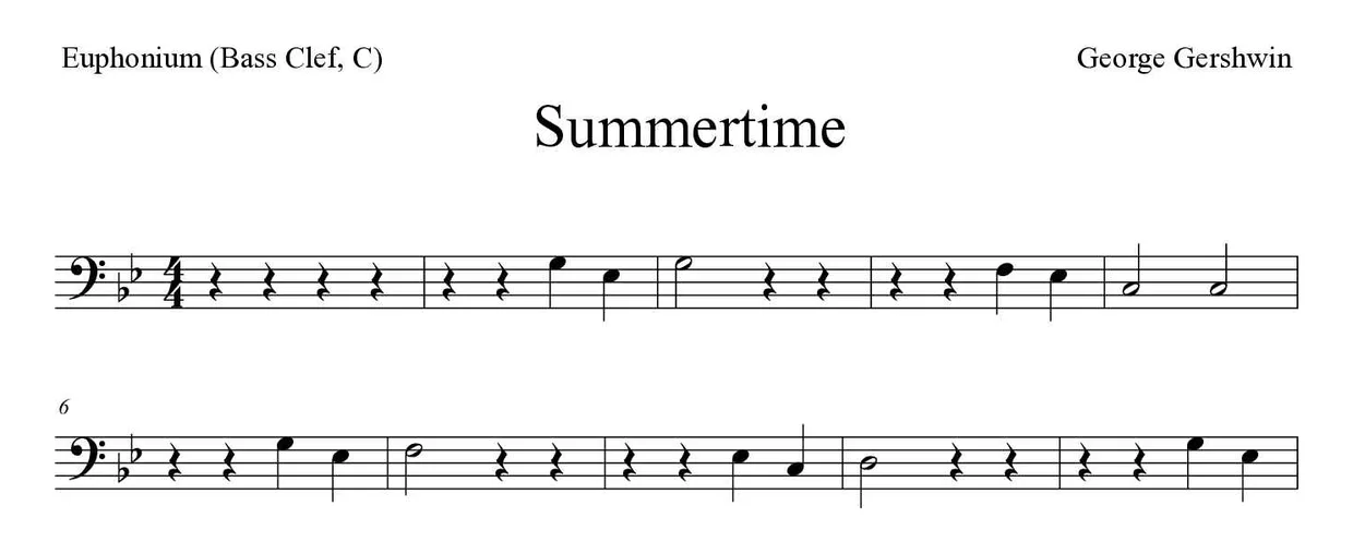 Partitura de Summertime para bombardino (clave de Fa, C), primeras líneas