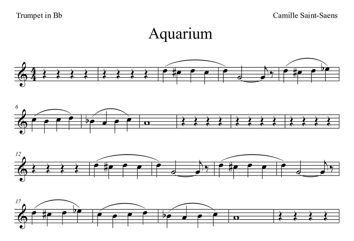 Partitura de Aquarium para trompete em Sib, primeiras linhas