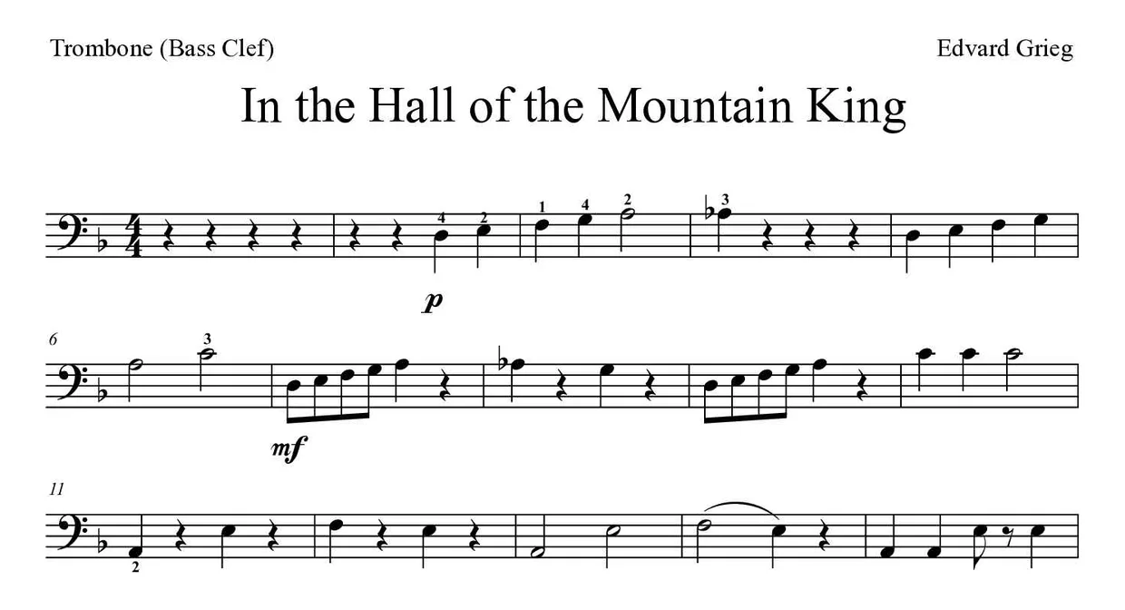 Sheet music of In the Hall of the Mountain King for trombone (Medium), first lines