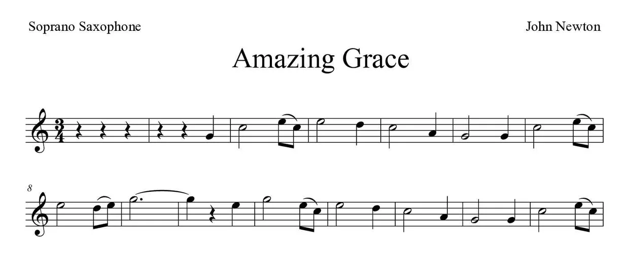 Bladmuziek van Amazing Grace voor soprano saxophone, eerste regels