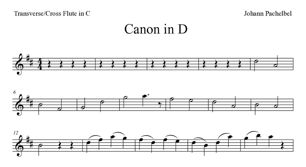 Sheet music of Canon in D for flute (Medium), first lines