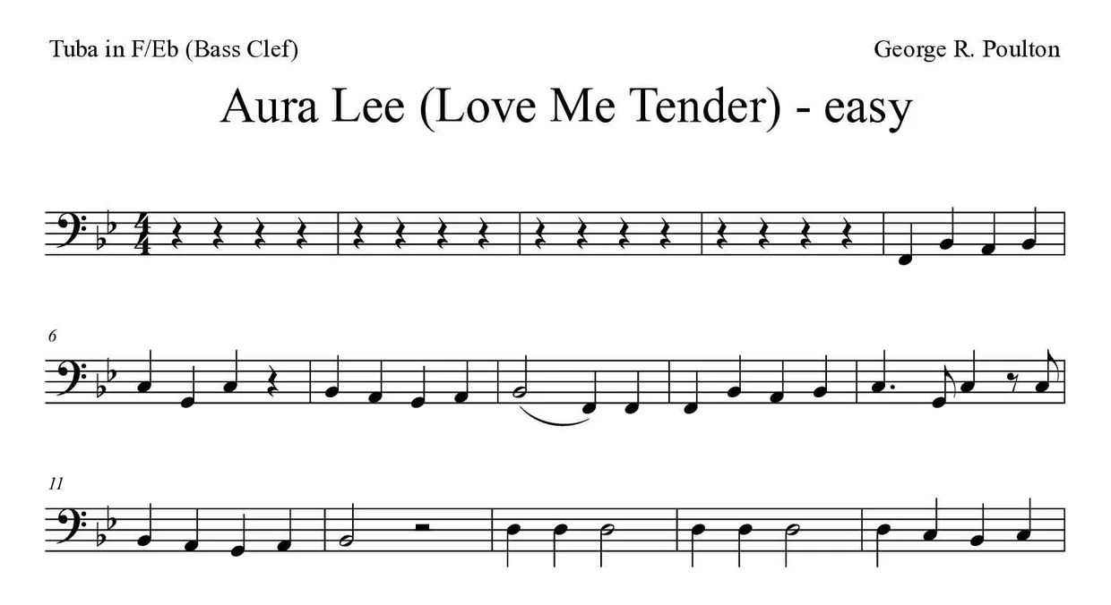 Spartito di Aura Lee per tuba in F/Eb (bass clef), prime righe