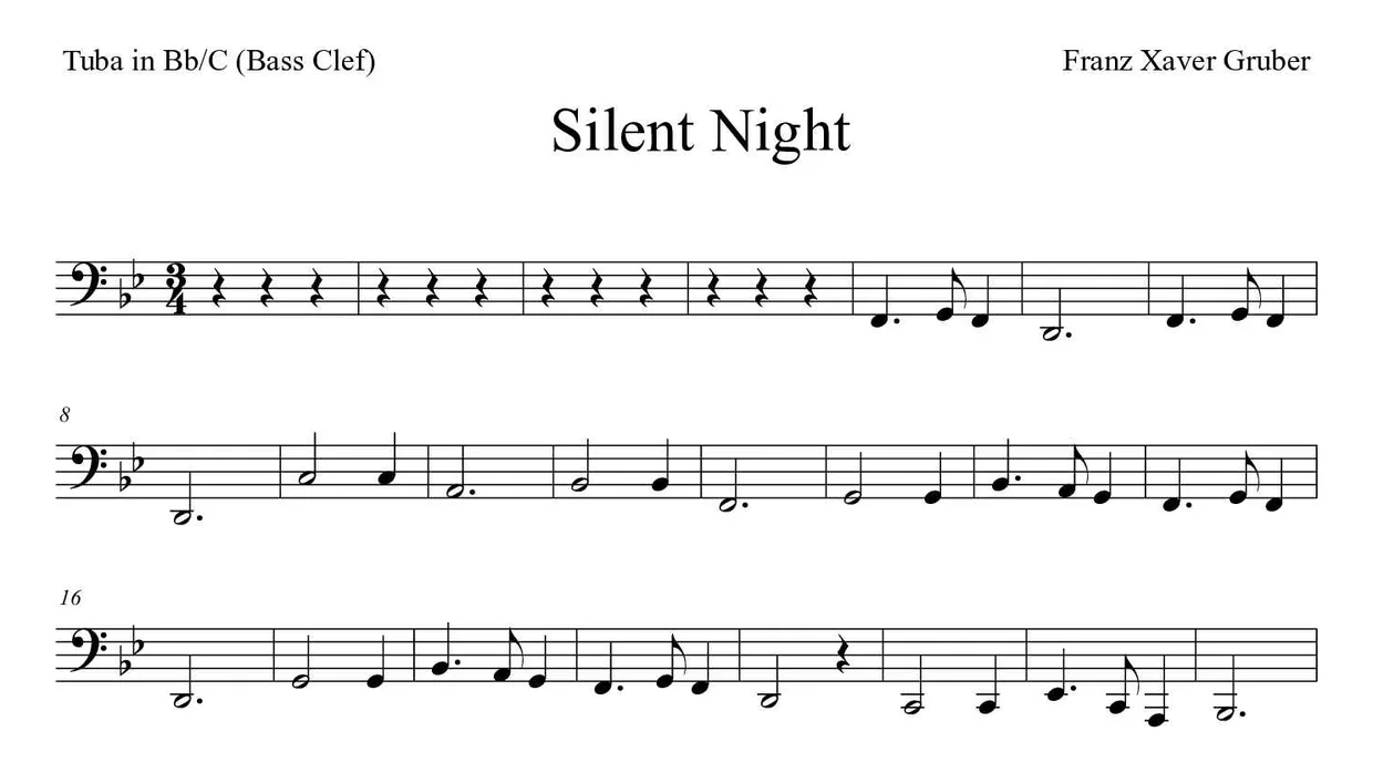 Noten von Stille Nacht, heilige Nacht für Tuba in B/C (Bassschlüssel) (Einfach), erste Zeilen