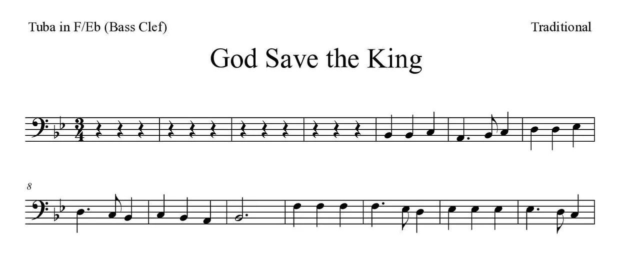 Partitura de God Save the King para tuba en Fa/Mib (clave de Fa), primeras líneas