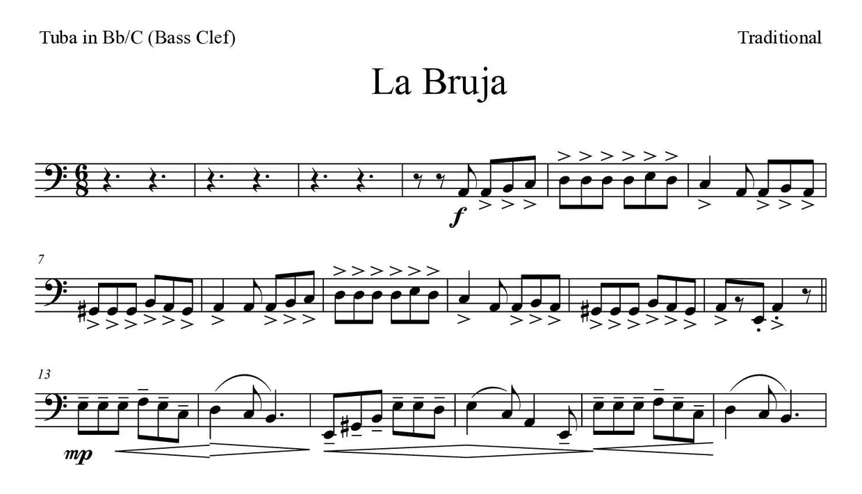 Partitura de La Bruja para tuba em Sib/Do (clave de Fa), primeiras linhas