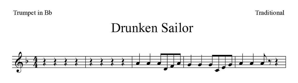 Spartito di Drunken Sailor per trumpet in Bb, prime righe