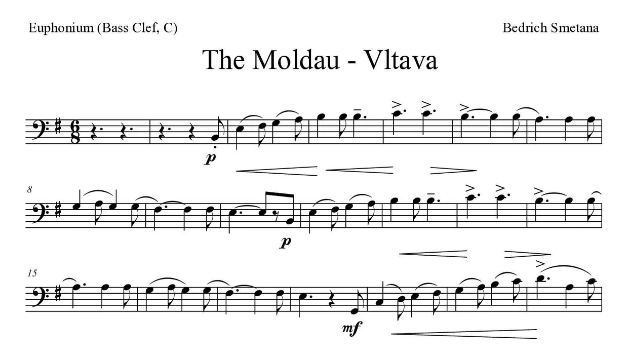 Partitura de The Moldau - Vltava para eufónio (clave de Fa, C), primeiras linhas