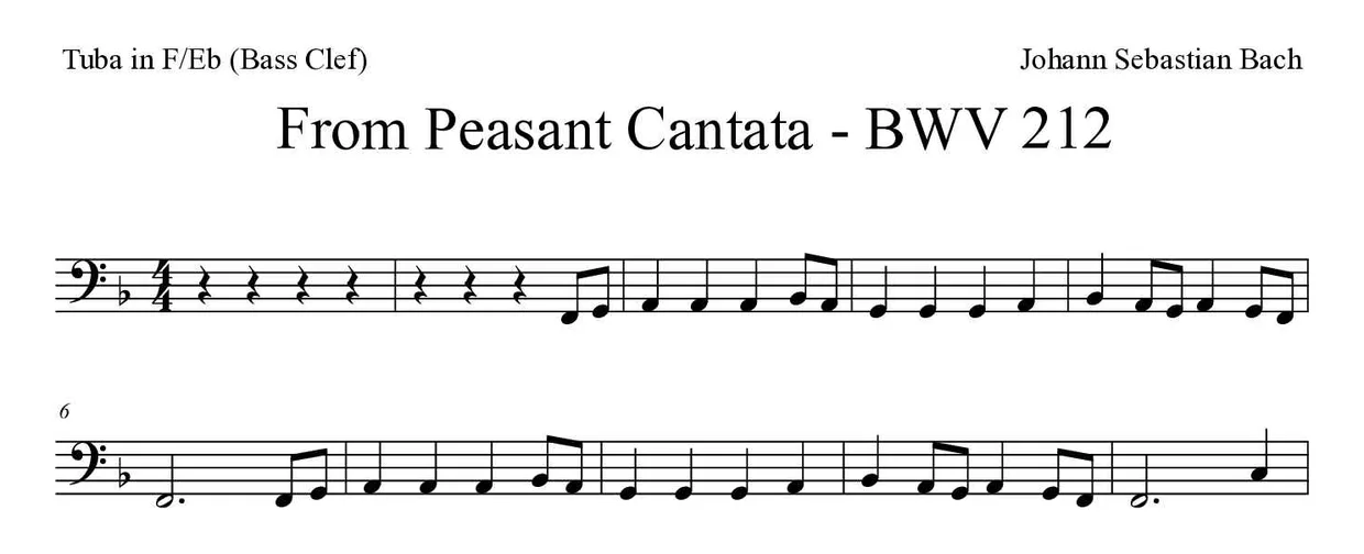Partitura de From Peasant Cantata - BWV 212 para tuba en Fa/Mib (clave de Fa), primeras líneas