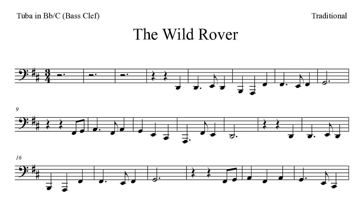 Sheet music of The Wild Rover for tuba in Bb/C (bass clef) (Hard), first lines