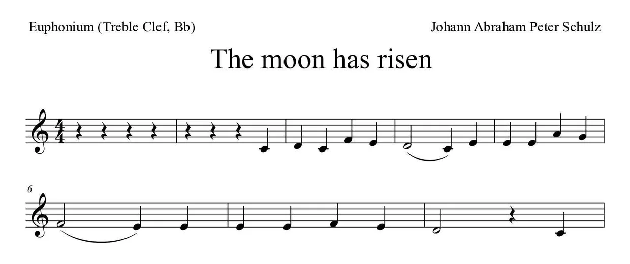 Partitura de The moon has risen para bombardino (clave de Sol, Sib), primeras líneas