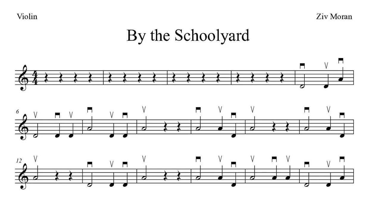 Sheet music of By the Schoolyard for violin (Easy), first lines