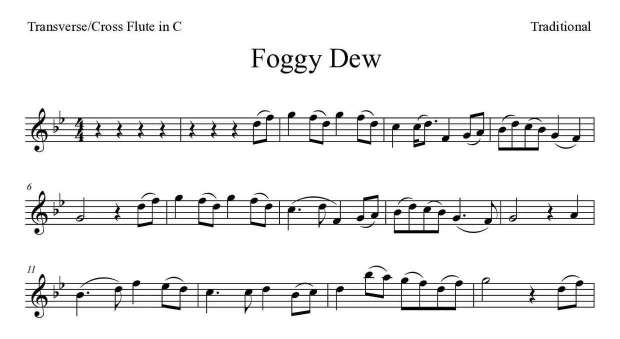 Sheet music of Foggy Dew for flute (Medium), first lines