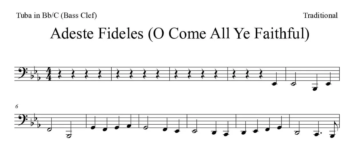 Bladmuziek van Adeste Fideles (O Come All Ye Faithful) voor tuba in Bb/C (bass clef), eerste regels