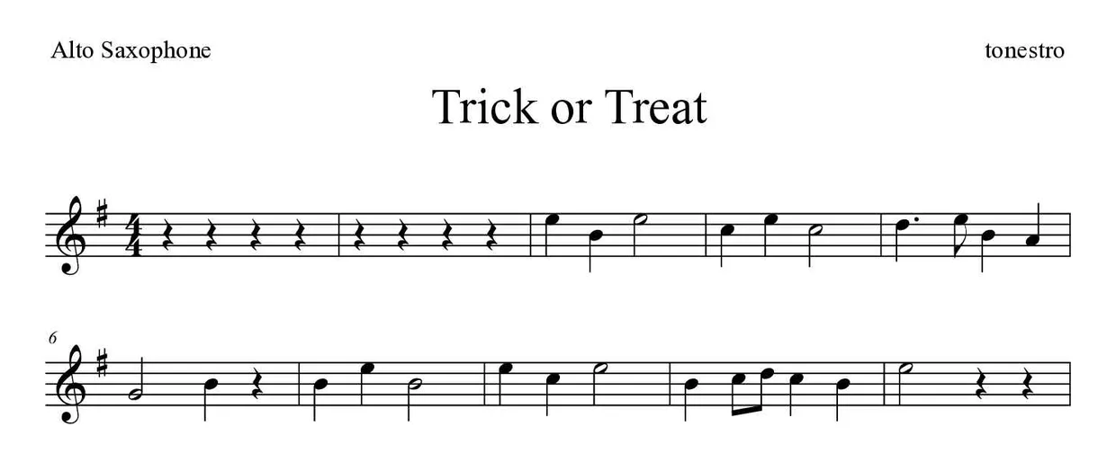 Partitura de Trick or Treat para alto saxofone, primeiras linhas