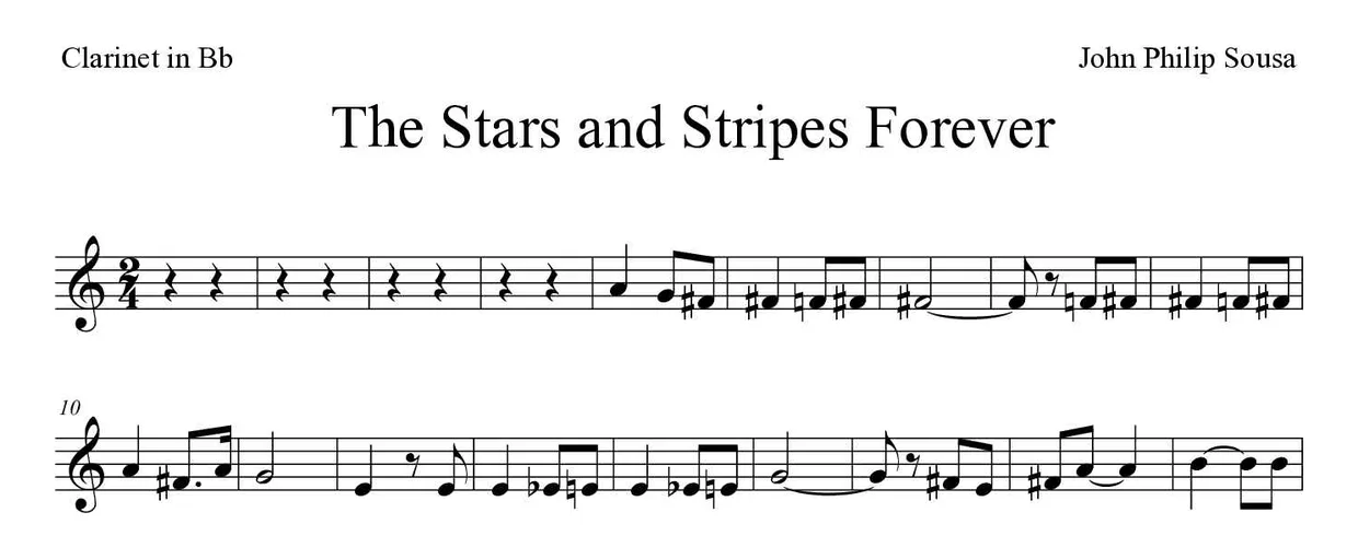 Partitura de The Stars and Stripes Forever para clarinete, primeras líneas
