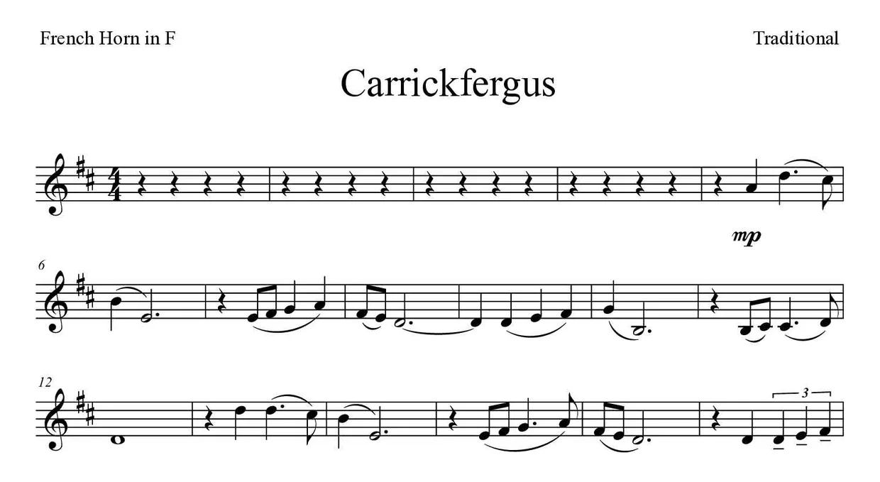 ‘Carrickfergus’ French Horn 악보의 첫 몇 줄