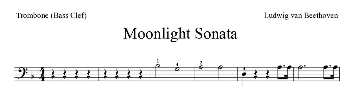 Sheet music of Moonlight Sonata for trombone (Hard), first lines