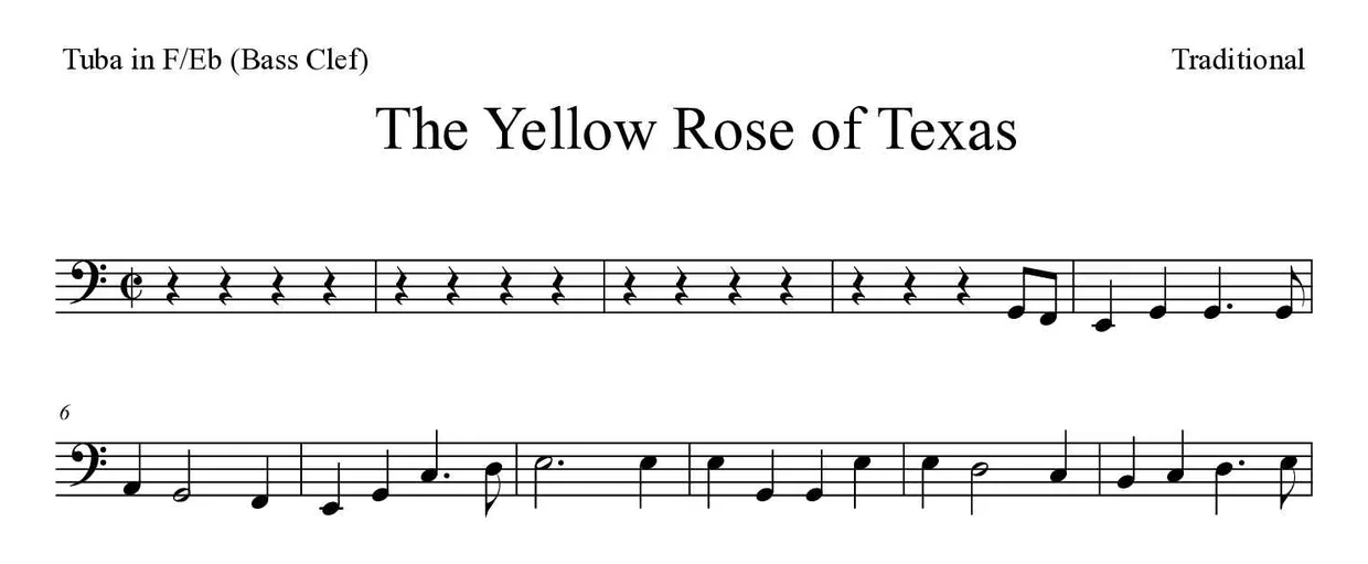 Sheet music of The Yellow Rose of Texas for tuba in F/Eb (bass clef) (Medium), first lines