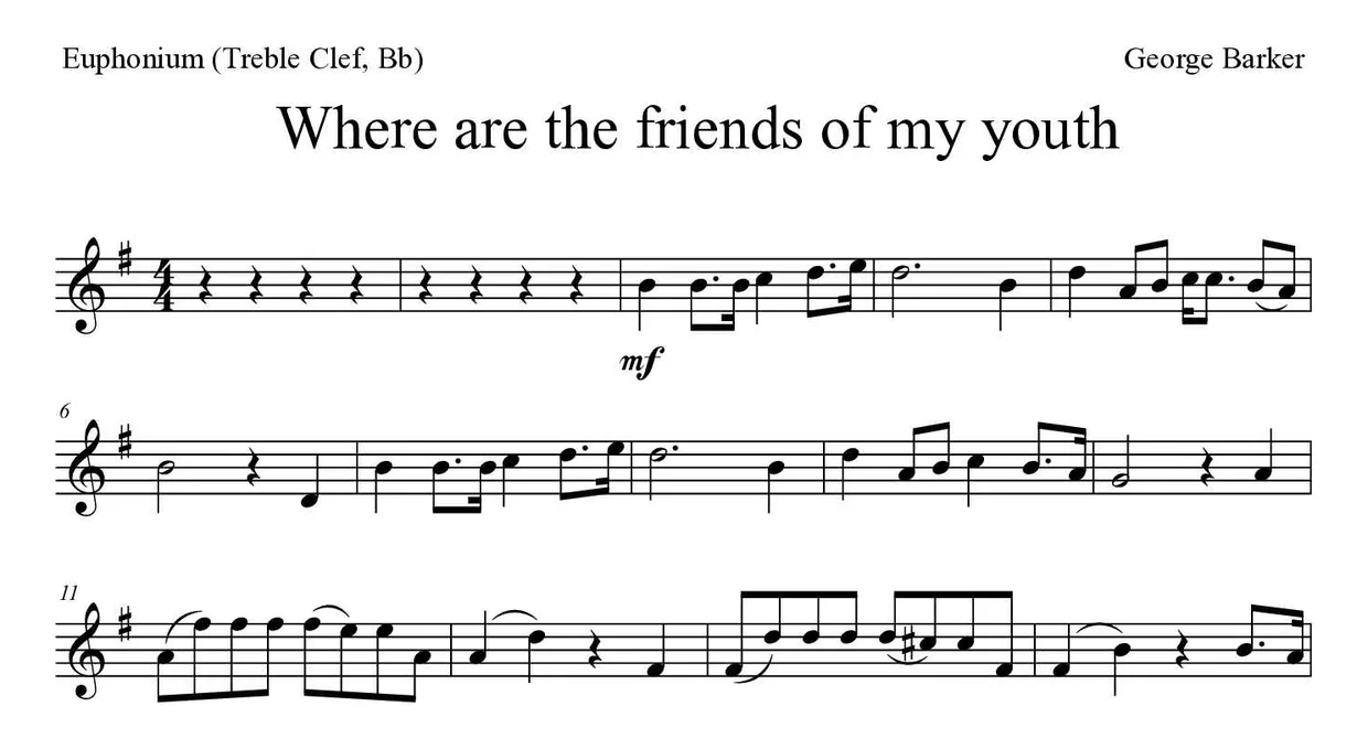 「Where are the friends of my youth」Euphonium (Treble Clef, Bb)用楽譜の最初の数段