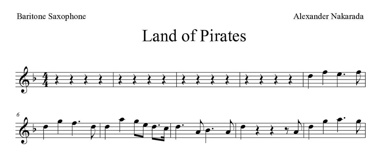 Bladmuziek van Land of Pirates voor baritone saxophone, eerste regels