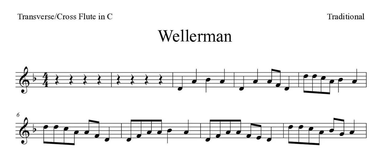 Partition de Wellerman pour fflûte traversière, premières lignes