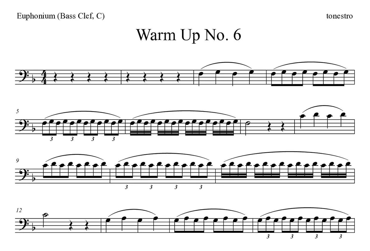 ‘Warm Up No. 6’ Euphonium (Bass Clef, C) 악보의 첫 몇 줄