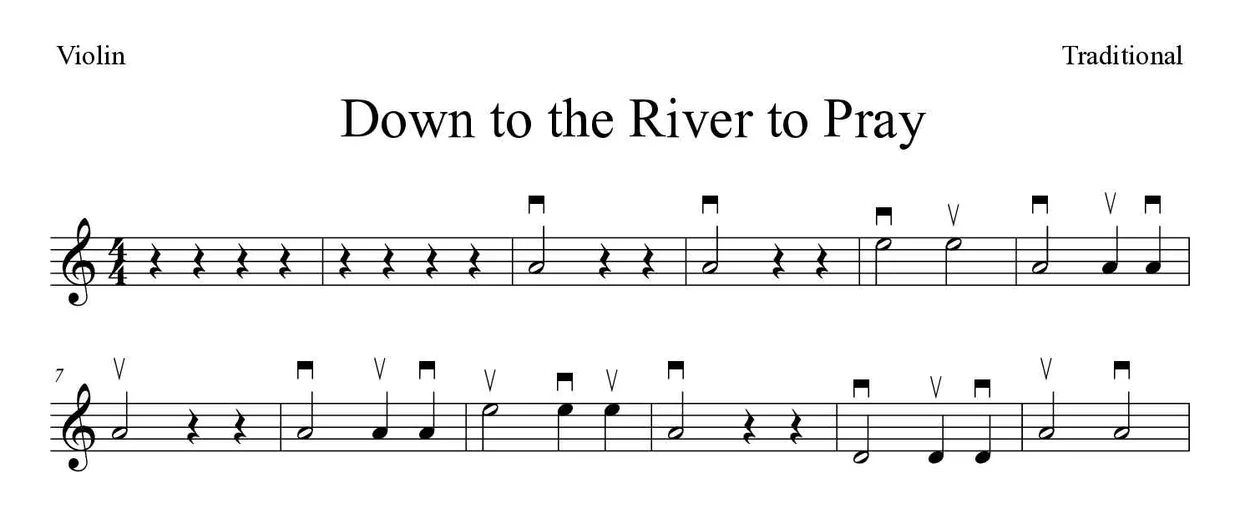 Partitura de Down to the River to Pray para violino, primeiras linhas