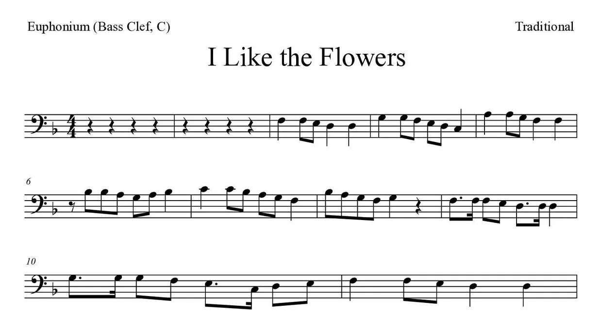 Sheet music of I Like the Flowers for euphonium (bass clef, C) (Medium), first lines