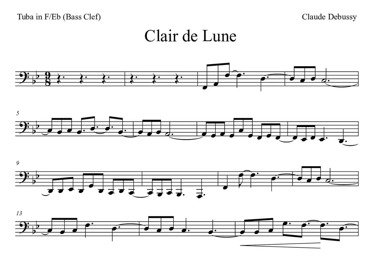 Partitura de Clair de Lune para tuba em Fá/Mib (clave de Fa), primeiras linhas