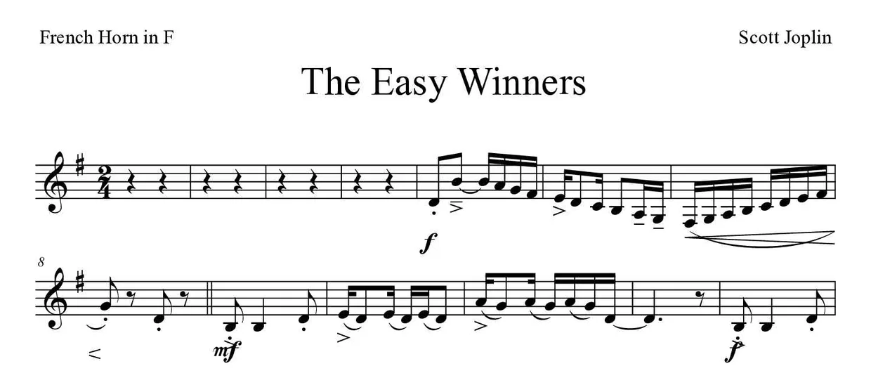 「The Easy Winners」French Horn用楽譜の最初の数段
