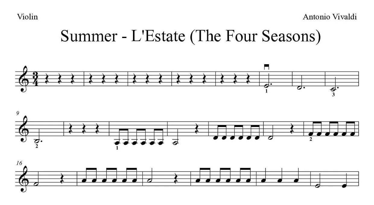 Partitura de Summer - L'Estate (The Four Seasons) para violino, primeiras linhas