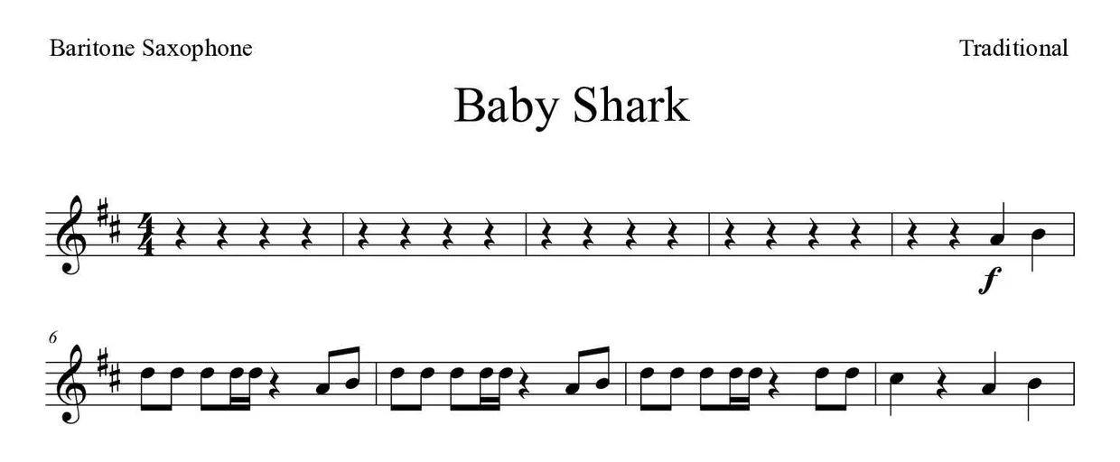 Partitura de Baby Shark para saxofone barítono, primeiras linhas