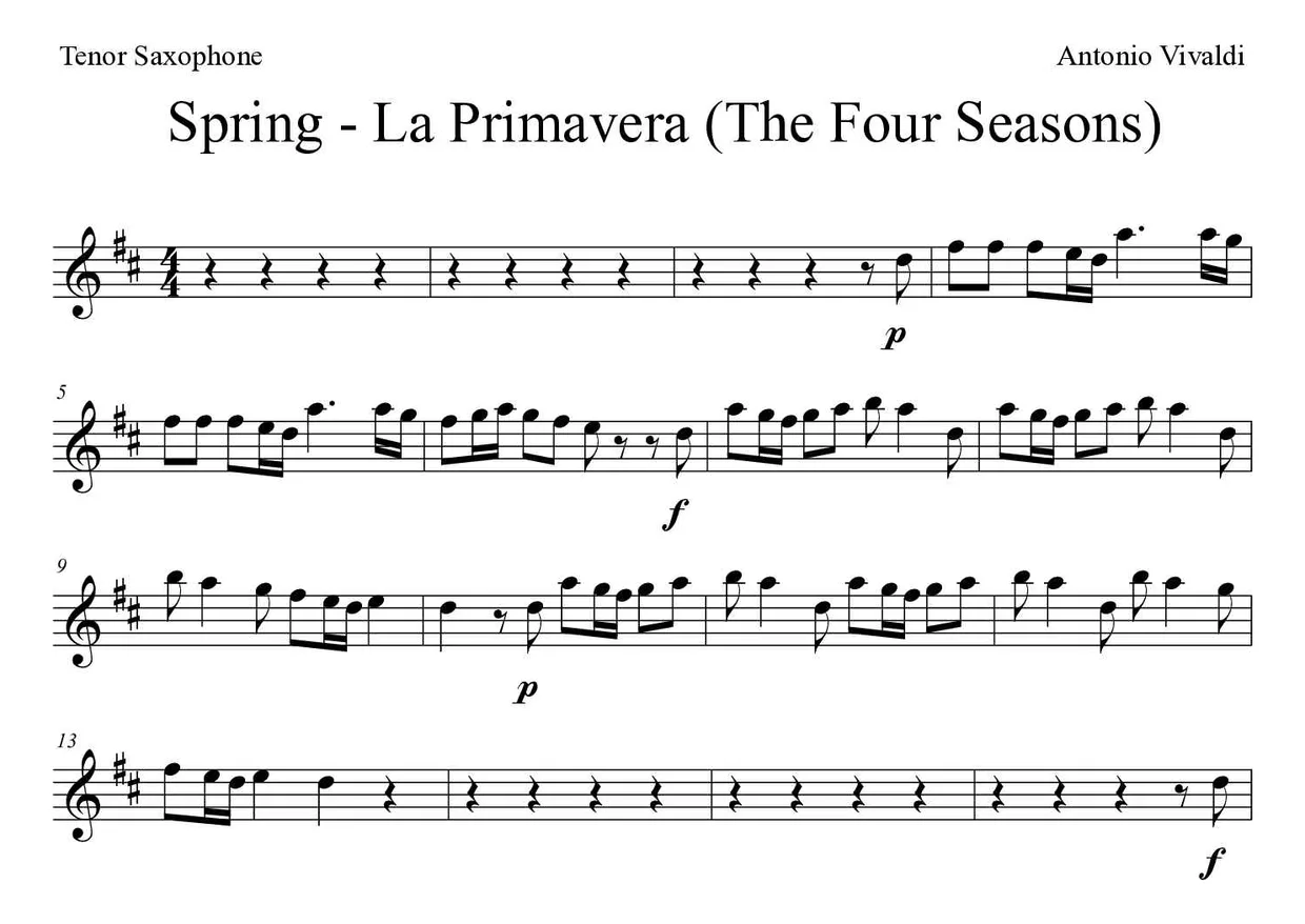 Spartito di Spring - La Primavera (The Four Seasons) per tenor saxophone, prime righe