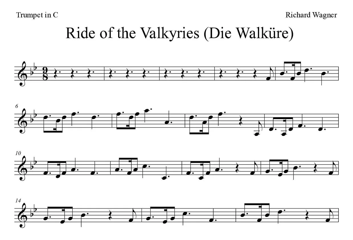Partition de Ride of the Valkyries (Die Walküre) pour trompette en do, premières lignes