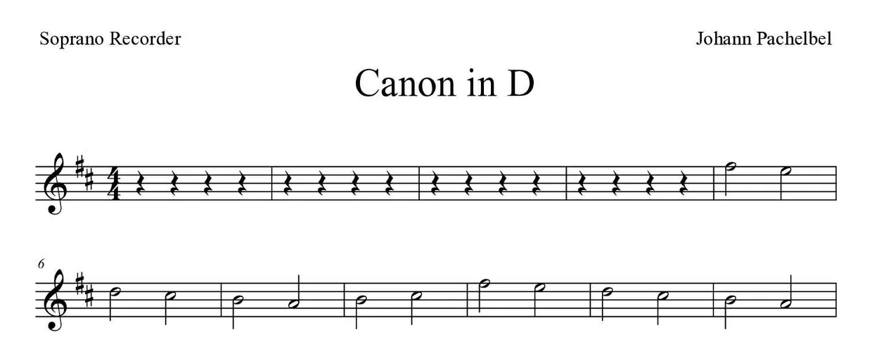 Partition de Canon in D pour flûte à bec, premières lignes