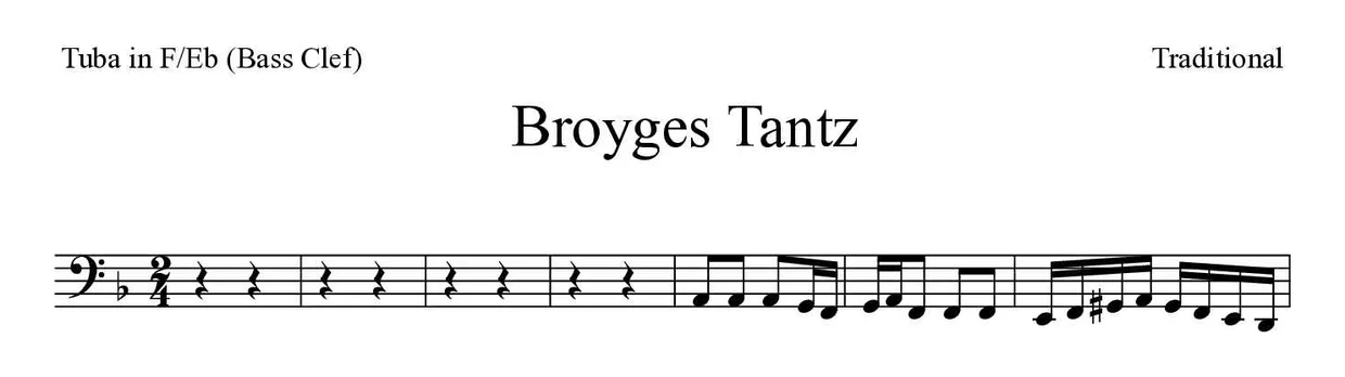 Sheet music of Broyges Tantz for tuba in F/Eb (bass clef) (Hard), first lines