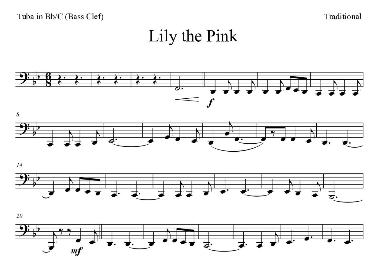 Spartito di Lily the Pink per tuba in Bb/C (bass clef), prime righe