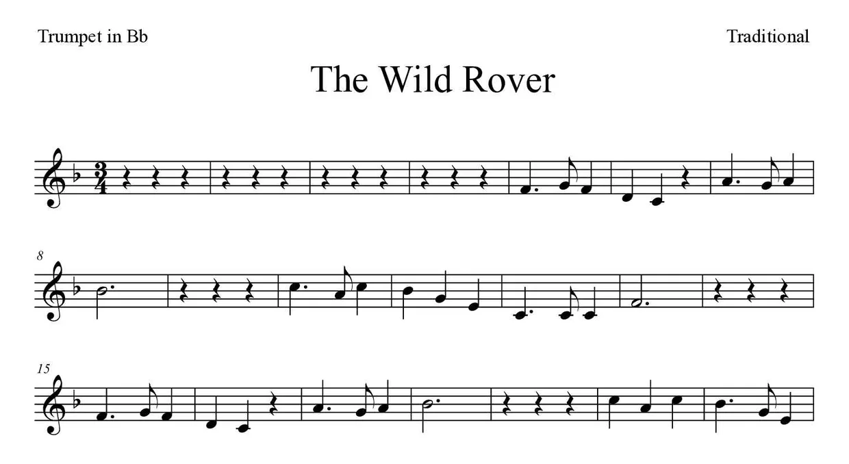 Partitura de The Wild Rover para trompeta en Sib, primeras líneas
