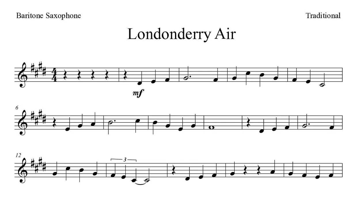 Partitura de Londonderry Air para saxofón barítono, primeras líneas