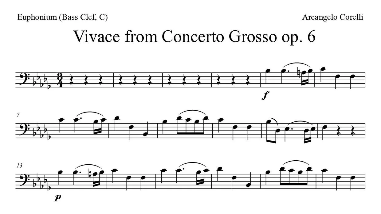 Partitura de Vivace from Concerto Grosso op. 6 para eufónio (clave de Fa, C), primeiras linhas