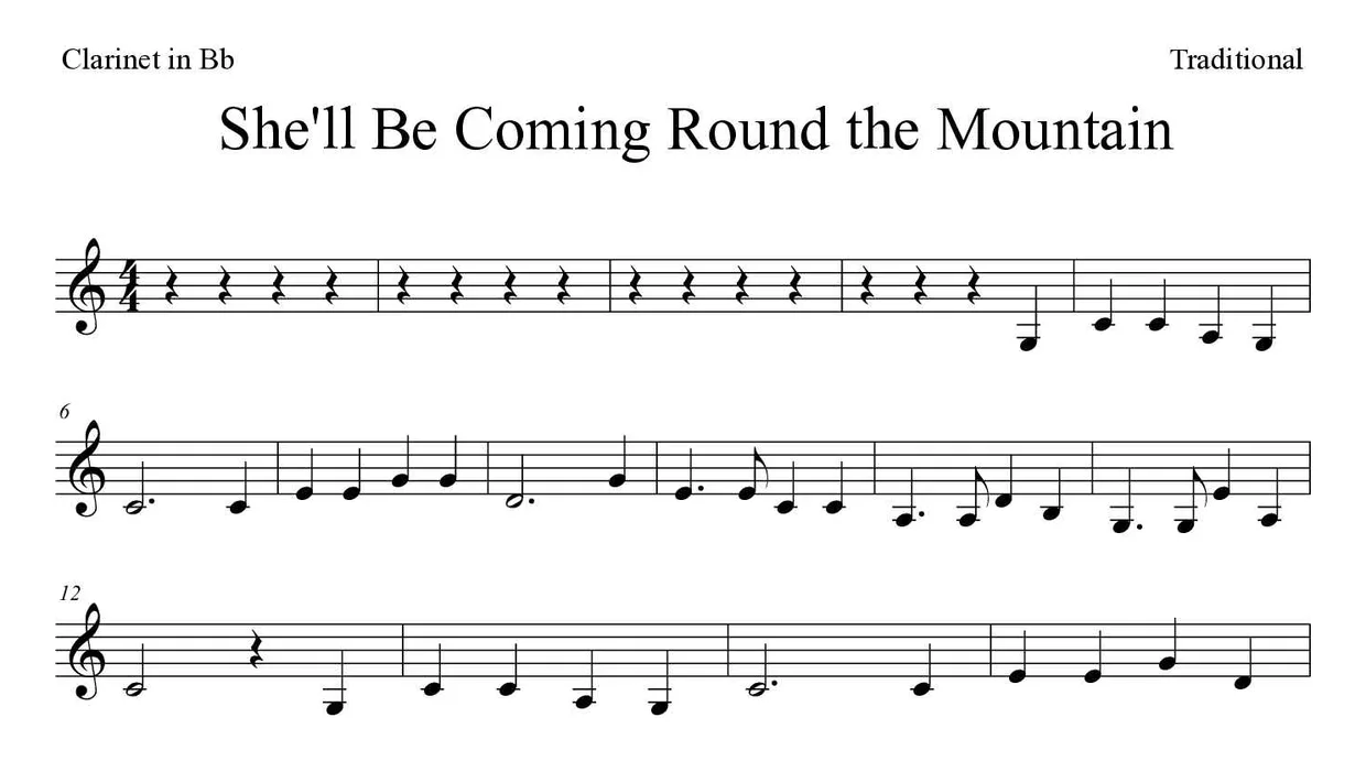 Spartito di She'll Be Coming Round the Mountain per clarinet, prime righe