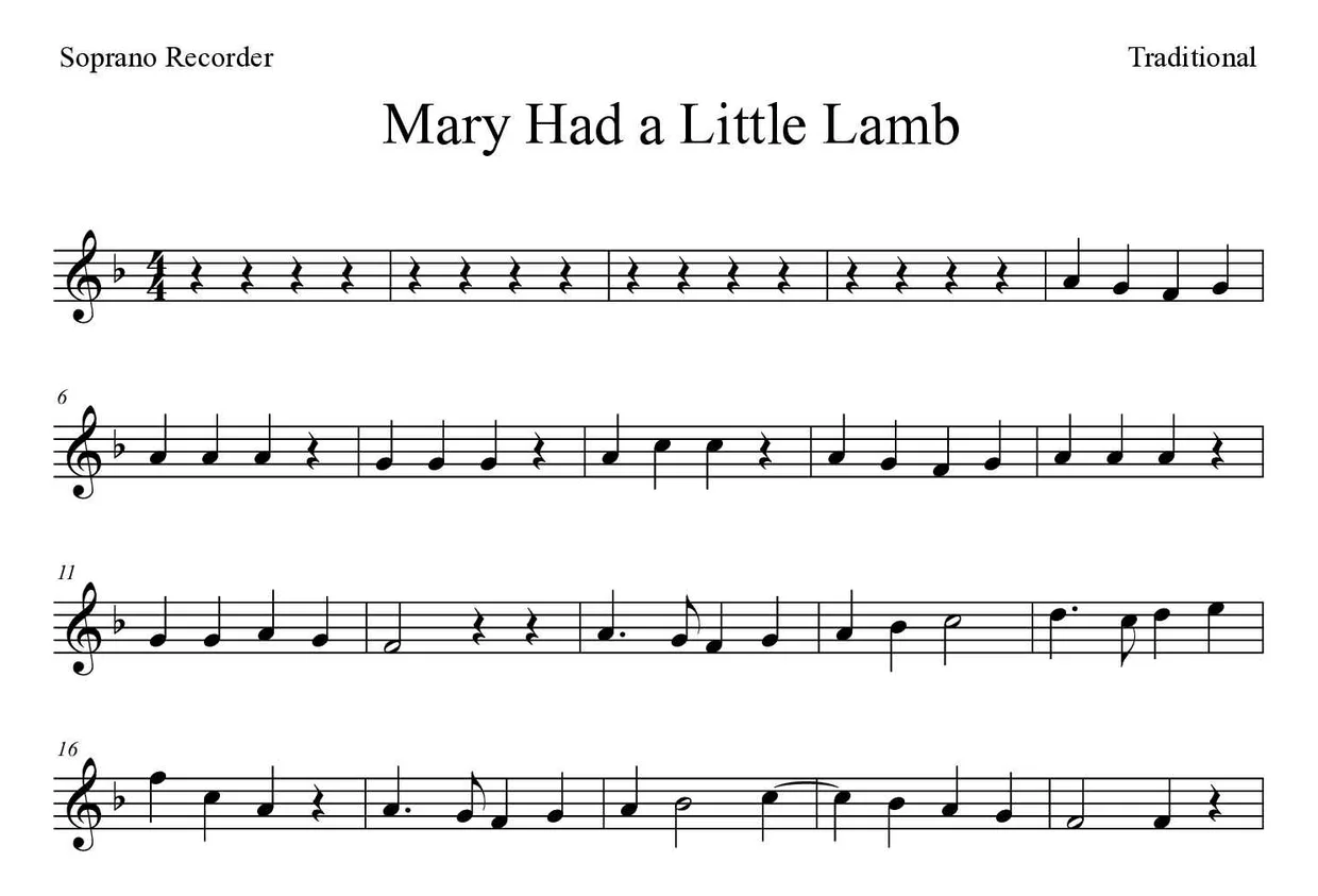 Bladmuziek van Mary Had a Little Lamb voor recorder, eerste regels
